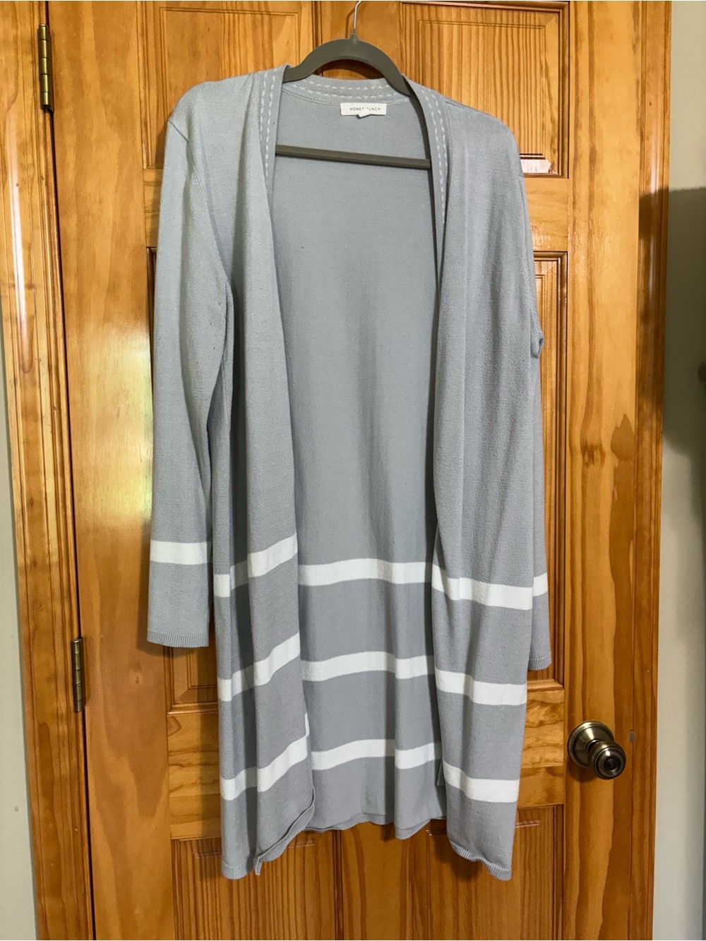 Light Gray Open-Front Striped Long Cardigan by Honey Punch